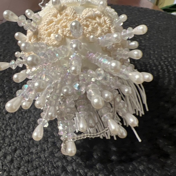 Vintage MCM Handmade Push Pin Satin Christmas Ornament Cream And White Crochet - Picture 5 of 7